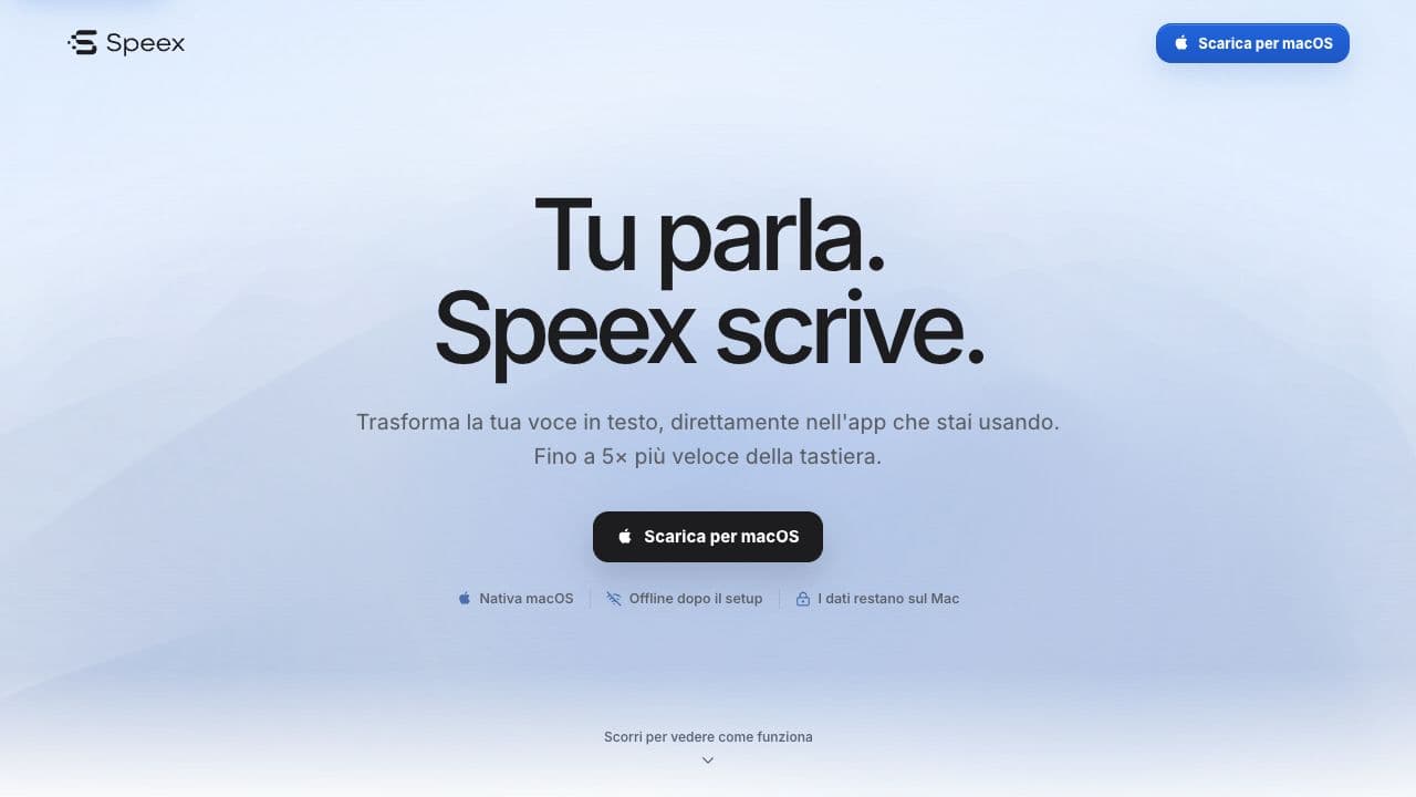 Speex website home page presenting private offline voice dictation for macOS