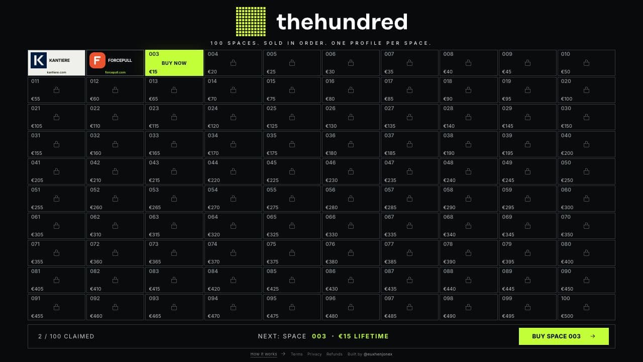 The Hundred home page showing its sequential grid of 100 purchasable profile spaces