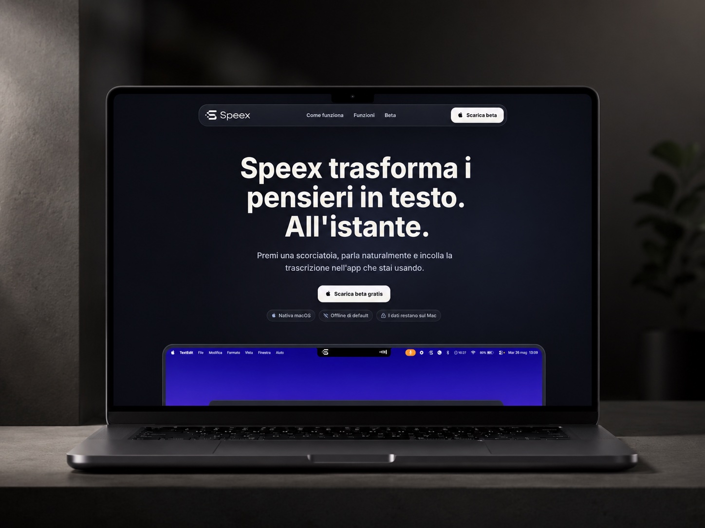 Speex private offline voice dictation app running on a MacBook